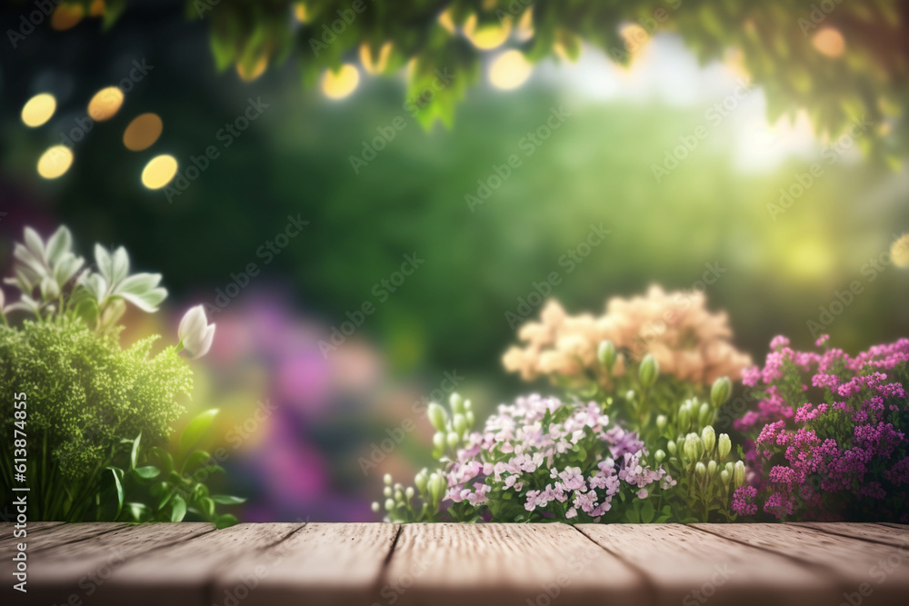 Wildflowers and wooden table, magic, colorful spring background. Generative ai