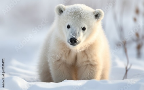 Polar bear cub in the snowy tundra. AI, Generative AI