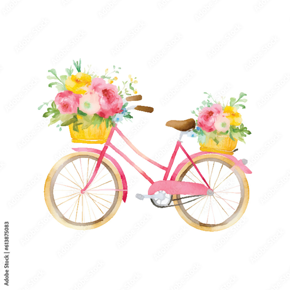 watercolor pink Bicycle with a basket of flowers