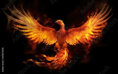 A bird with orange and yellow wings on a dark background with fire and smoke around it. Generative AI