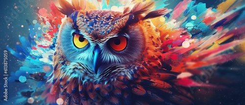 Abstract portrait of an owl with colorful paint. Generative AI