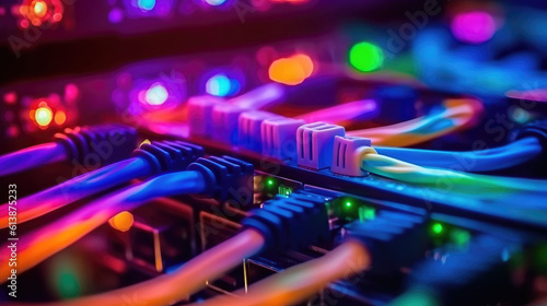 Servers connection with Fiber optic cable internet vivid color. Generative AI