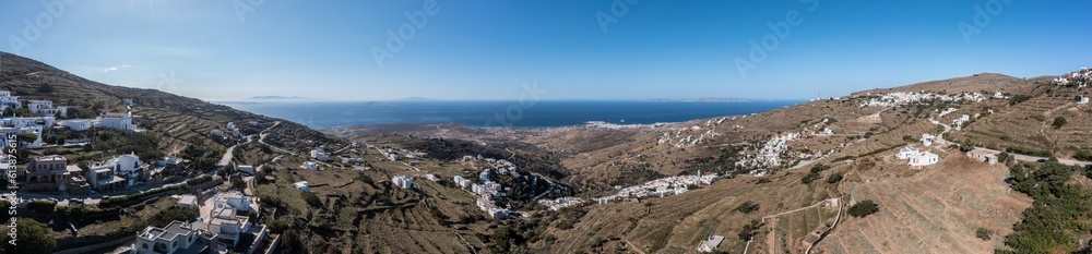 Tinos island, Cyclades Greece. Aerial panoramic view. Villages on rocky land