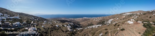 Tinos island, Cyclades Greece. Aerial panoramic view. Villages on rocky land