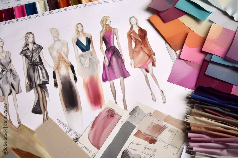 © ADDICTIVE STOCK - Generative AI illustration from above of various fashion dresses sketches near fabric swatches and palette in workshop © ADDICTIVE STOCK - Generative AI illustration from above of various fashion dresses sketches near fabric swatches and palette in workshop