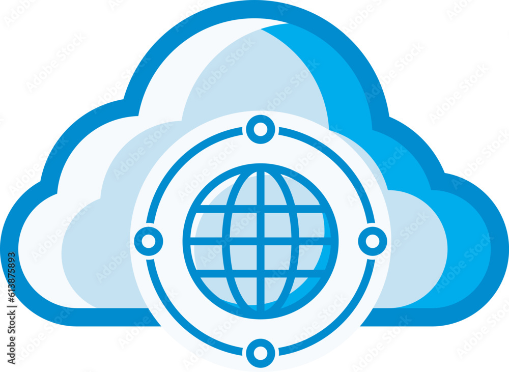 The cloud icon with a blue and white globe symbol represents global scale and accessibility in the cloud. This design can be used as a decorative illustration with a cloud computing theme. The cloud icon with a blue and white globe symbol represents global scale and accessibility in the cloud. This design can be used as a decorative illustration with a cloud computing theme.