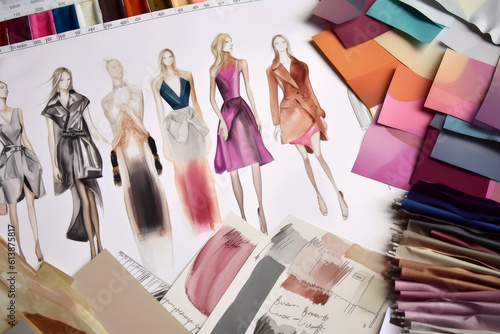Generative AI illustration from above of various fashion dresses sketches near fabric swatches and palette in workshop photo