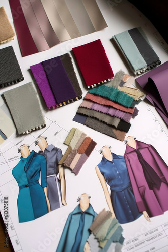 Generative AI illustration from above of various fashion dresses sketches near fabric swatches and palette in workshop photo