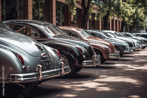 Generative AI illustration of old fashioned automobiles parked in row near green trees on sunny day during antique car show