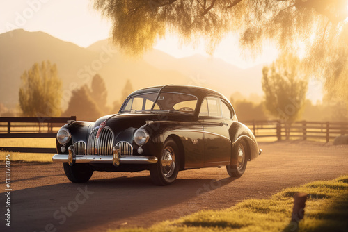 Generative AI illustration of old timer automobile parked on country road near lush trees against bright sunset in countryside photo