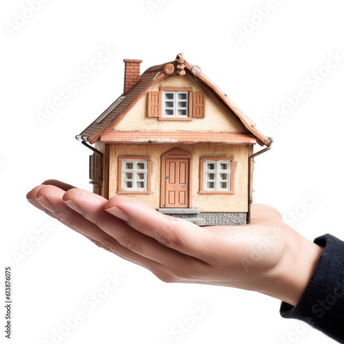 Mortgage, investment, real estate and property concept of hand presenting model house as a completion of the deal. 