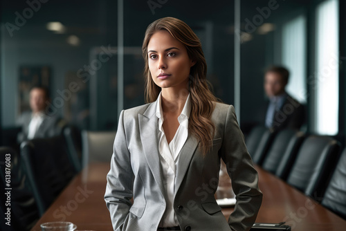 Generative AI illustration serious adult self confident female entrepreneur in elegant outfit arms in pocket looking at camera on blurred background photo