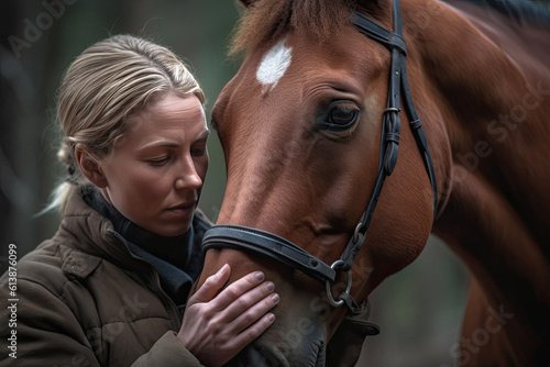 Generative AI illustration of close up of blonde woman in jacket touching rescued brown horse against blurred background