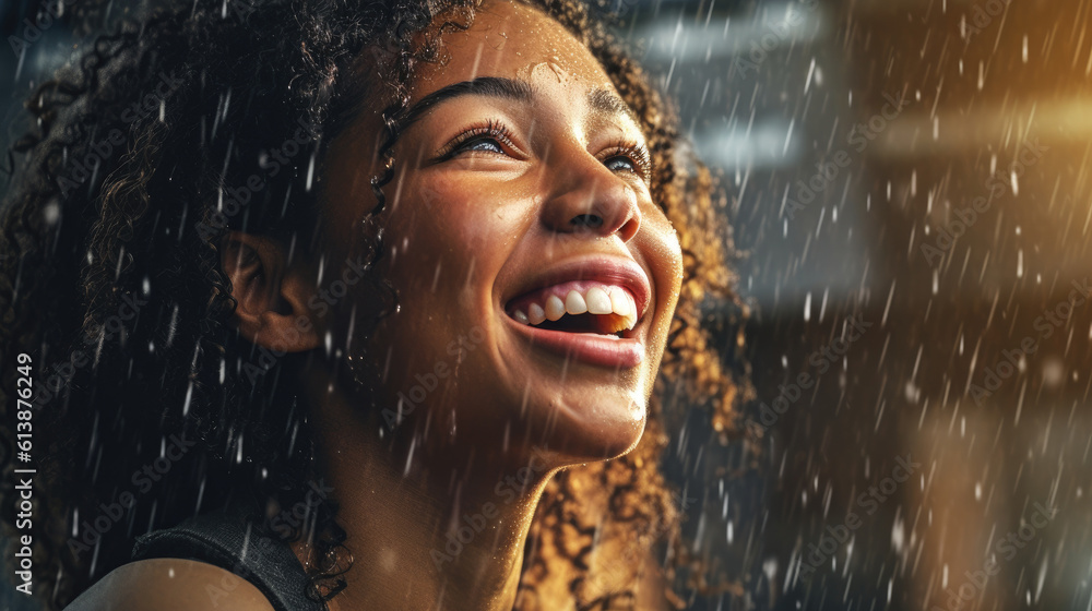 A radiant African American woman wears a joyful smile as raindrops cascade around her, creating a moment of pure happiness. generative AI.