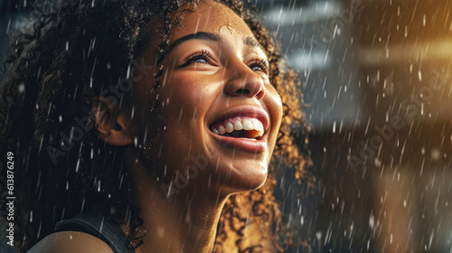 A radiant African American woman wears a joyful smile as raindrops cascade around her, creating a moment of pure happiness. generative AI.