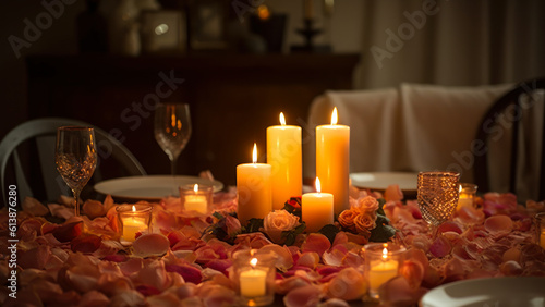 the table is strewn with scarlet rose petals and candles are burning  a romantic atmosphere generative ai