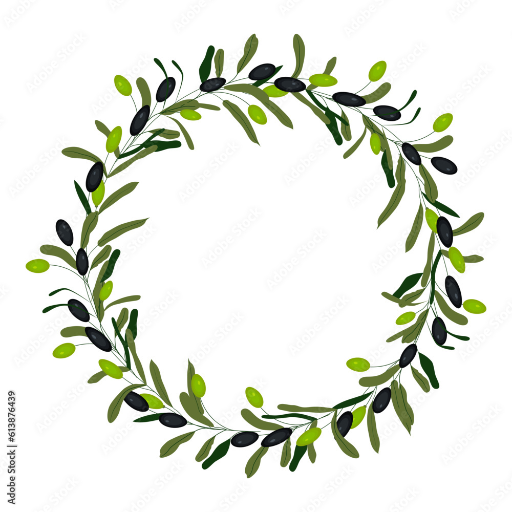 Green and black vector olive wreath. Olives are oil sign, healthy products, organic cosmetics, eco food, natural element Green and black vector olive wreath. Olives are oil sign, healthy products, organic cosmetics, eco food, natural element