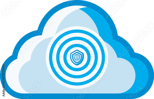 The cloud icon with a multi-layered circular shape with a shield in the middle, depicts the various layers of security in cloud computing. This design can be used as a decorative illustration.