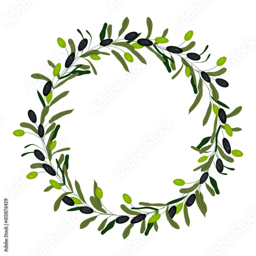 Green and black vector olive wreath. Olives are oil sign, healthy products, organic cosmetics, eco food, natural element