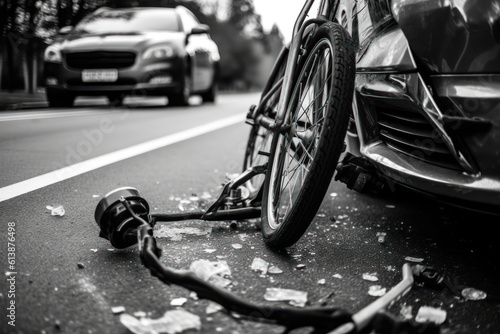 black and white photo of a broken bike on the road next to a dented car on the highway after a collision generative ai