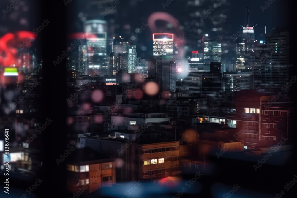 view from the window on the evening blurred city of lights. generative ai