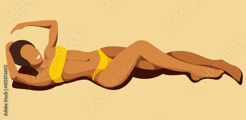 vector imageof a young tanned girl with a perfect figure in a yellow bikini is sunbathing on the beach against the background of sand. useful for summer holidays, resorts, hotels, beaches, vacations. 