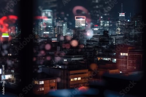 view from the window on the evening blurred city of lights. generative ai