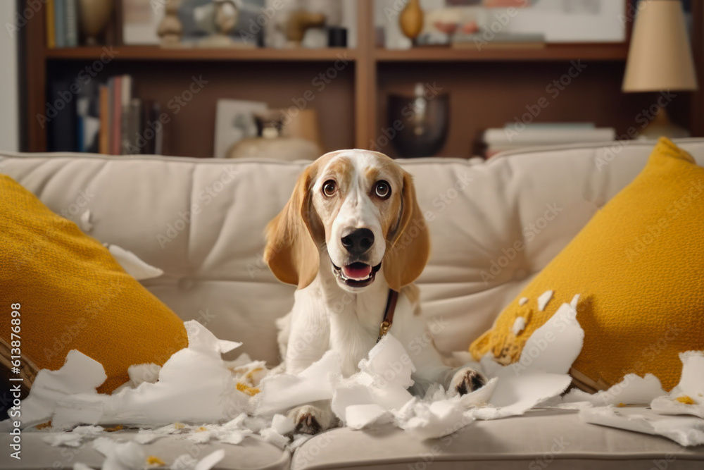 the dog is sitting on the sofa in the living room, pieces torn fabric