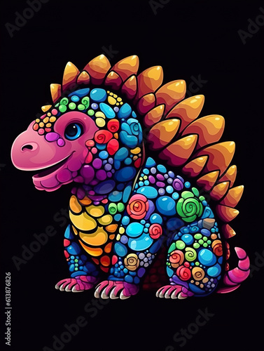 A colorful dinosaur sitting on a black background. Generative AI.