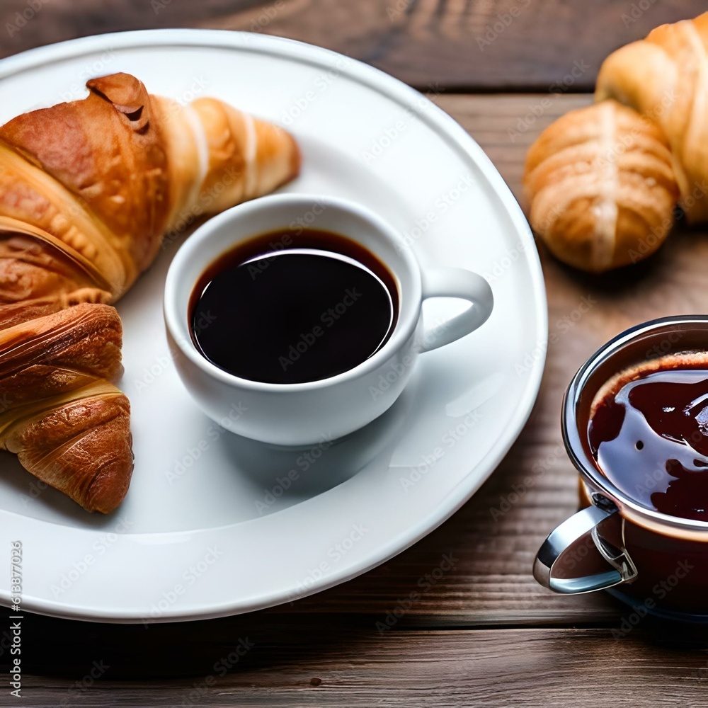 Breakfast Coffee and croissant with pieces of fish and meat with lettuce leaves on a neutral background created and generated by AI Breakfast Coffee and croissant with pieces of fish and meat with lettuce leaves on a neutral background created and generated by AI