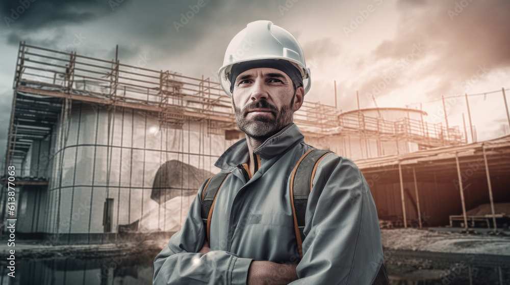 Portrait of a male construction worker on a construction site. Proud man in front of a building generative AI.