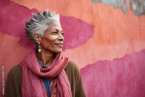 Generative AI illustration of mature African American female with grey hair and in casual outfit having and looking away against pink and orange wall photo