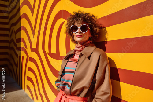 Generative AI illustration of confident young female in trendy outfit and sunglasses standing near colorful wall with yellow and orange stripped graffiti