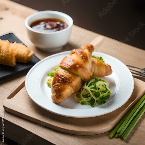 Breakfast Coffee and croissant with pieces of fish and meat with lettuce leaves on a neutral background created and generated by AI
