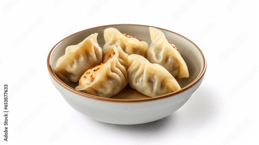 Traditional japaneese gyoza dumplings in ceramic bowl on white background. Top view. AI generated