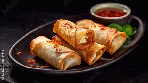Chinese spring rolls on dark background with AI generation