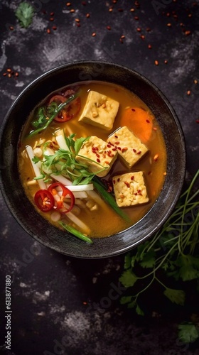 Spicy tofu soup in bowl on dark background. AI generated