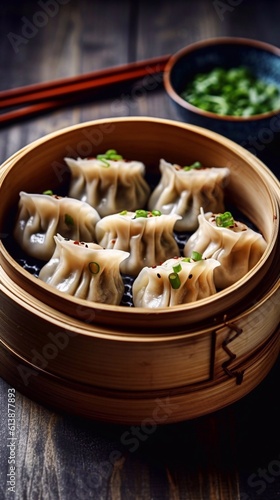 Traditional japaneese gyoza dumplings with chopped green onions in bamboo steamer  on wooden table. Top view. AI generated