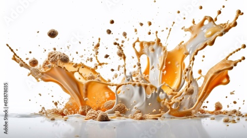 Milk and caramel splash on white background. Breakfast concept. AI Generated