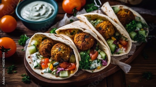 Falafel with pita breads, with greens, vegetables and sause, wooden background. AI generated photo