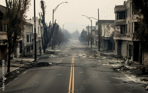 A road in a dilapidated smoky city with burned-out buildings. AI, Generative AI