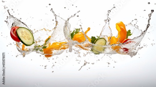 Vegetables water splash on white background. AI generation