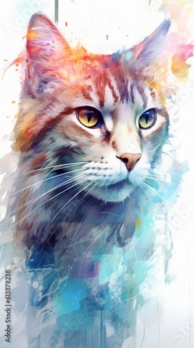 Abstract portrait of an cat with colorful paint. Generative AI