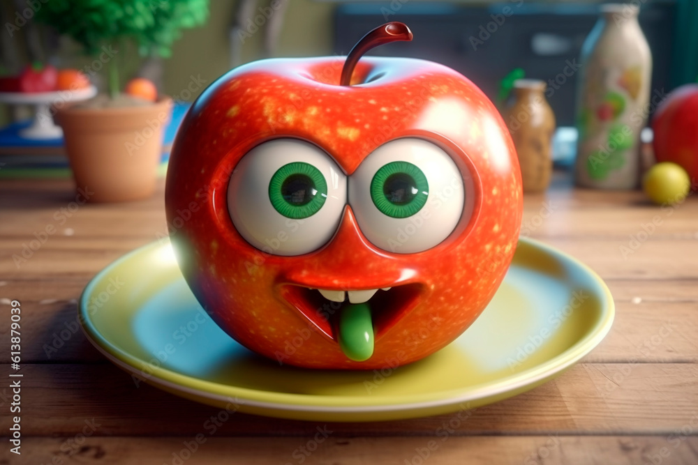 Red fresh apple on plate. Generative AI. Cute cartoon character apple with eyes. Apple Day, Cider Festival. Healthy breakfast or lunch for kid. Adorable Image for advert, poster, comic book. 