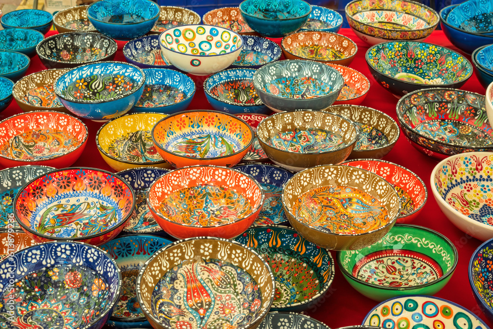 Brightly coloured hand crafted dishes at the Eastern market display.