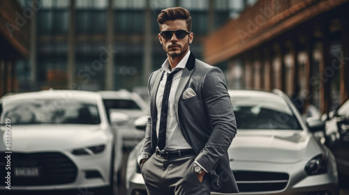 Confident male businessman in sleek suit poses with a modern luxury car, embodying success and sophistication generative AI. © Valeriia