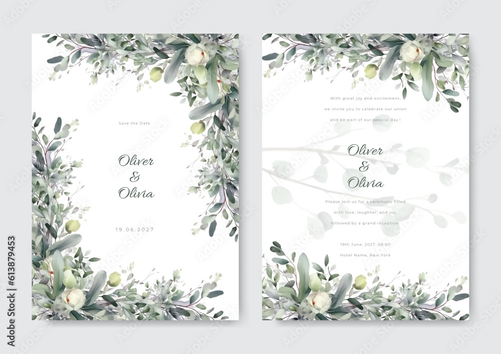 wedding card with elegant floral and leaves template