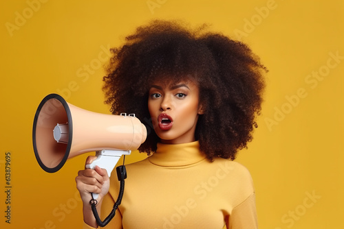 A woman with an afro holding a megaphone. Generative AI.