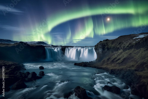 Beautiful snowy landscape with waterfall running down with aurora borealis northern lights in the sky and also the moon.Image ai generate. Generative AI