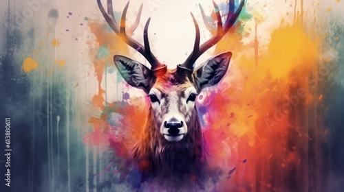 Abstract portrait of an deer with colorful paint. Generative AI © ColdFire